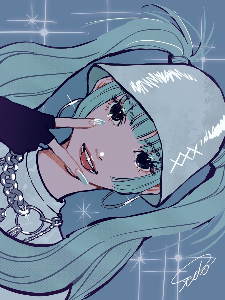 hatsune miku 1girl solo jewelry earrings twintails fingerless gloves hoop earrings  illustration images