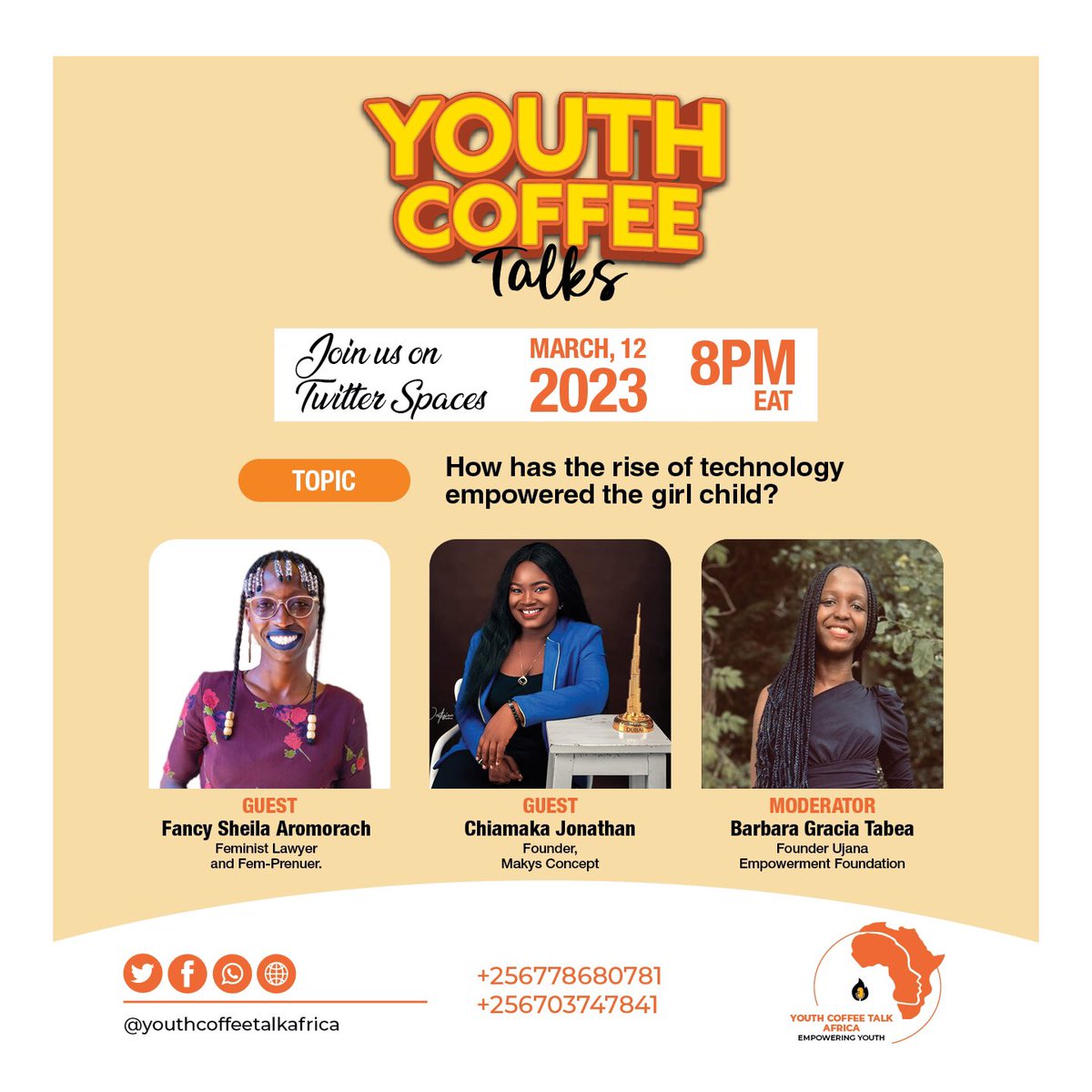The Youth Coffee Talk Series Returns This Sunday With Our First Twitter Space At 8Pm EAT.

Topic: How Has The Rise Of Technology Empowered The Girl Child?

Moderated By <a href="/tabzy_wabzy/">Barbara Gracia Tabea</a> 
Featuring <a href="/MakysConcept/">Chiamaka Jonathan</a> and @luofeminist 

#RisingStrong #TogetherEmpoweringYouths #WomensDay