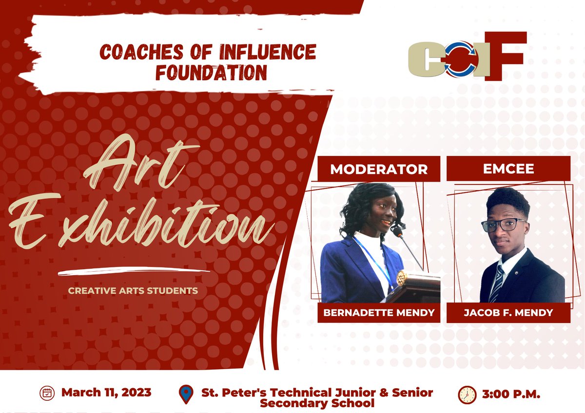 Don't miss out on this unique event! Come and see the amazing works of Art display at the most awaited Art Exhibition & Poetry Slam.

Register Now at: docs.google.com/.../1FAIpQLSde…... 

Meet our amazing Moderator and Emcee!

#COIFCreativeArtsExhibition #COIF #SupportYoungArtists