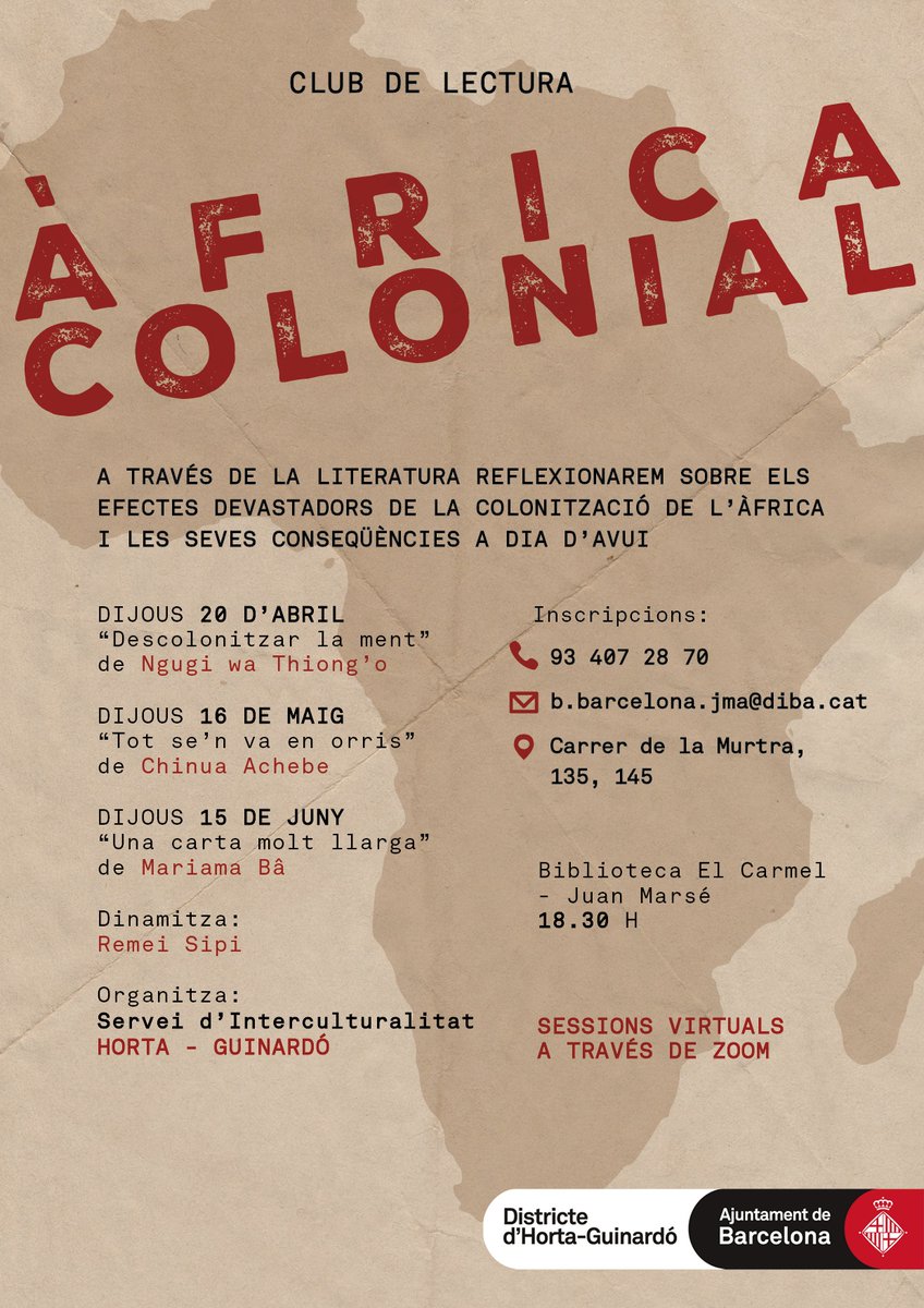 📢CANVI DE DATES!!
📚Nou Club de lectura virtual: Àfrica Colonial
👉🏾Reflexionarem sobre els efectes devastadors de la colonització d'Àfrica a dia d'avui
📌 Dinamitza Remei Sipi
📆 A partir del 20 D'ABRIL 18.30h
✏️Activitat gratuïta - inscripcións a la Biblioteca #bbcnElCarmel