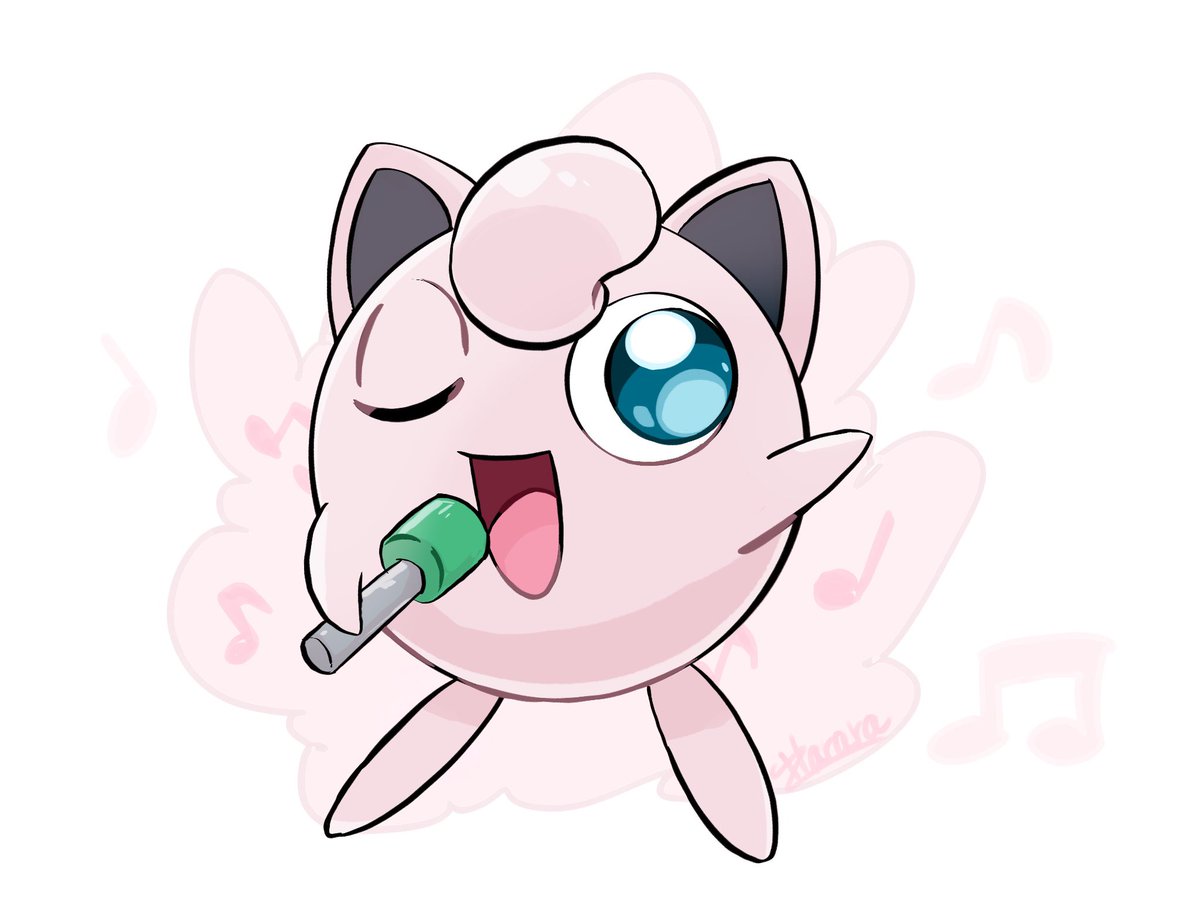 jigglypuff no humans pokemon (creature) microphone singing one eye closed solo open mouth  illustration images