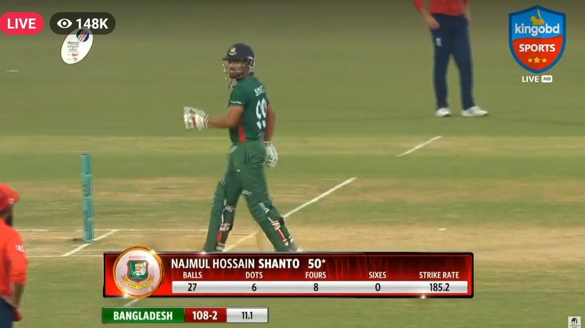 Fifty by Najmul Hossain Shanto off just 27 balls. What a magnificent knock.

#BANvENG #ENGvBAN