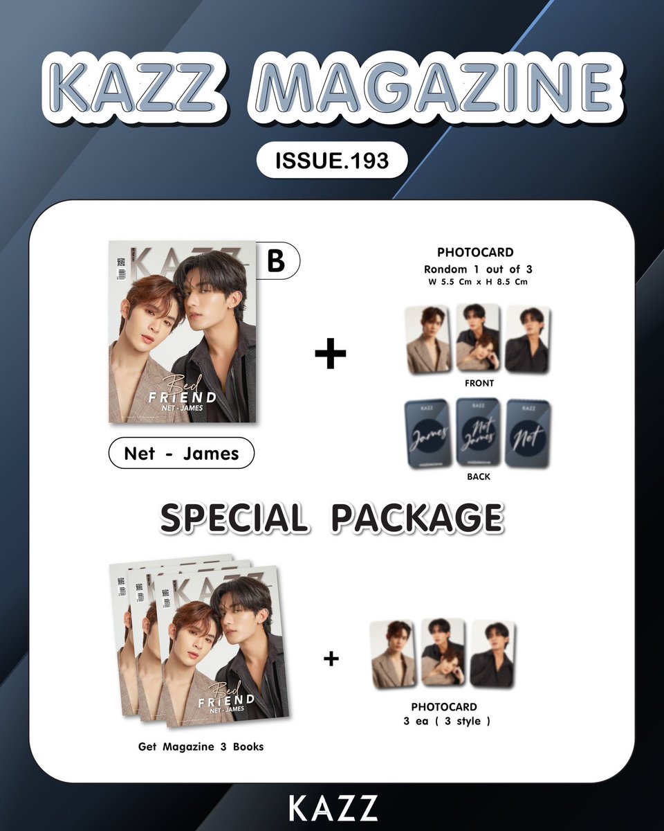Kazzmagazine's tweet image. เมื่อสั่งซื้อจะได้รับ Photocard สุ่ม 1 แบบ จากทั้งหมด 3 แบบ

✨Special Package
- นิตยสารหน้าปกที่คุณเลือก 3 เล่ม
- Photocard ครบทั้ง 3 แบบ

👉พรีออเดอร์
kazzmarket.com/product/store/…

👉For Foreigners
worldwide.kazzmarket.com/product/kazz-1… 

#KAZZxNetJames #NetJames #เน็ตเจมส์