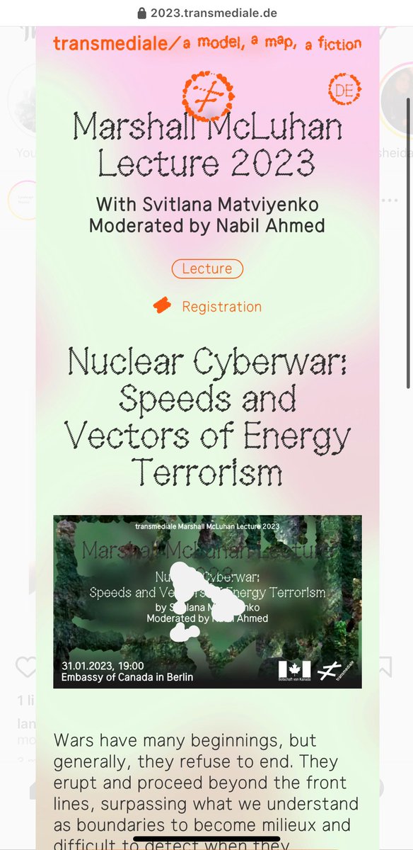 elisehunchuck's tweet photo. Please, if you watch anything from this year’s @transmediale, let it be this:
Svitlana Matviyenko @svitlanax on the speeds and vectors of energy terrorism in her Marshall McLuhan lecture, NUCLEAR CYBERWAR, featuring a response by @interprt’s Nabil Ahmed.

https://t.co/fySvcjcxhz https://t.co/DS8kKowoFh