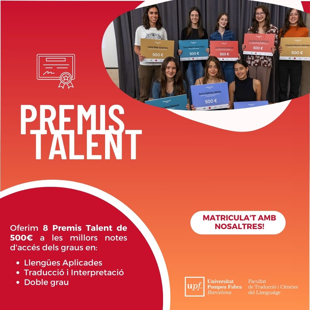 TraduccioUPF's tweet photo. 🏆 #PremisTalent a les millors notes d'accés dels graus de Traducció i Interpretació, Llengües Aplicades i Doble grau!!
El curs 2023-204 tornarem a donar 8 premis de 500€!
@UPFBarcelona
Matricula't als graus de la Facultat de @TraduccioUPF!
#batxillerat @bachillerato #accés https://t.co/l7y1YA1mMc