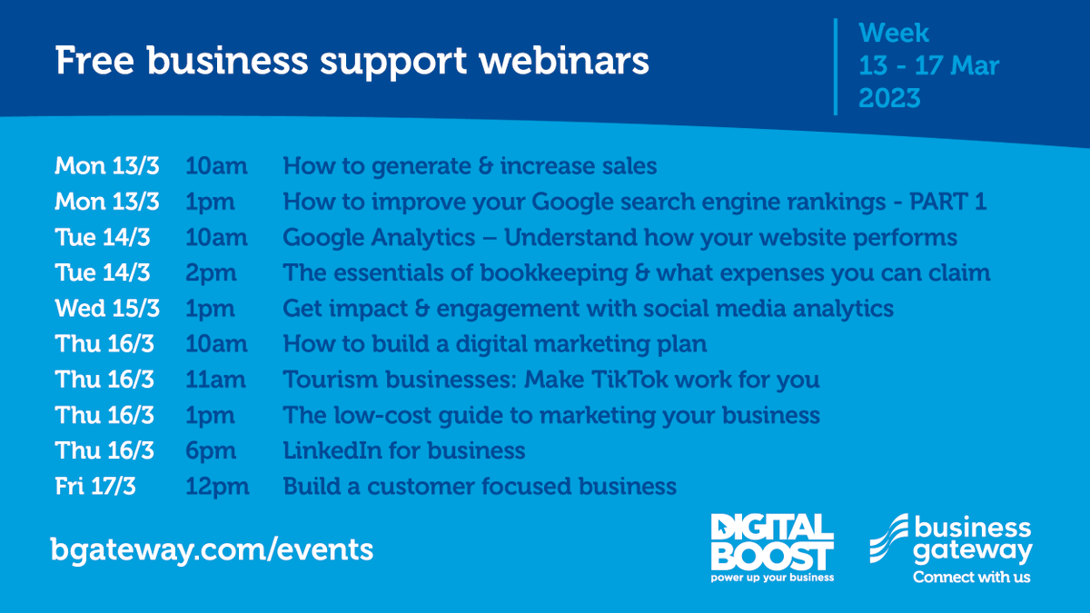 We're helping businesses all over Scotland get the support they need.

Whether you're looking for marketing tips &amp; tricks, or guidance on how to manage your bookkeeping &amp; finances, our webinars can help 💻 ✍

Find out what's on &amp; book your free place 👉 ow.ly/UafF50N3jan
