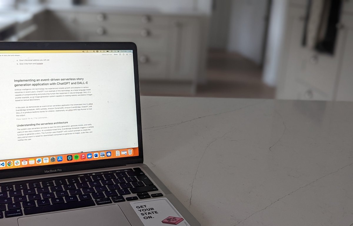 boyney123's tweet photo. Change of scenery today, working from the kitchen ☕

Writing a blog post on how you can build an event-driven serverless application that integrates with ChatGPT and DALL-E ❤️🚀 https://t.co/E1PLso3R4Y