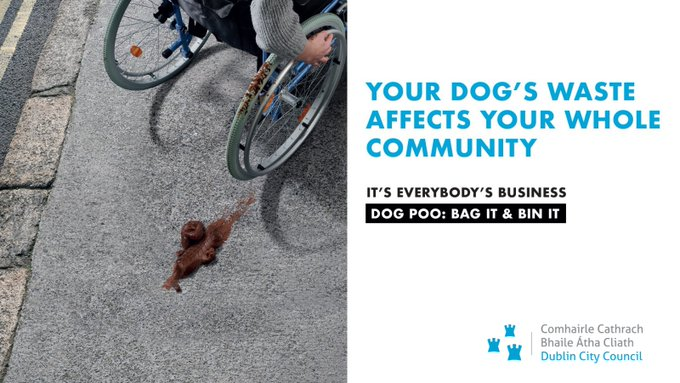 Dog waste in public spaces affects the whole community. Dog Poo, It’s Everybody’s Business. #BagItBinIt or be fined €150. #leaveonlypawprints #DogFouling #dogpoo #wastemanagement #LeaveNoTrace 🐶