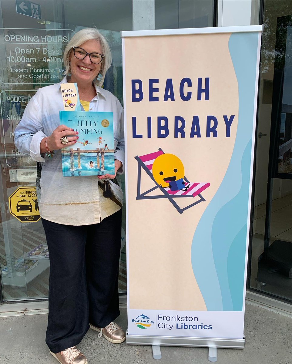 AndreaRowe_au's tweet photo. If I can’t hang at the beach, I’m just as happy hanging at a Beach Library. Super @australiareads story time today with @FrankstonCity new Beach Library - my little jetty jumpers and I had a ball deep diving into books. @HardieGrantCP #JettyJumping #ozkidlit https://t.co/tNaGO5vrDP