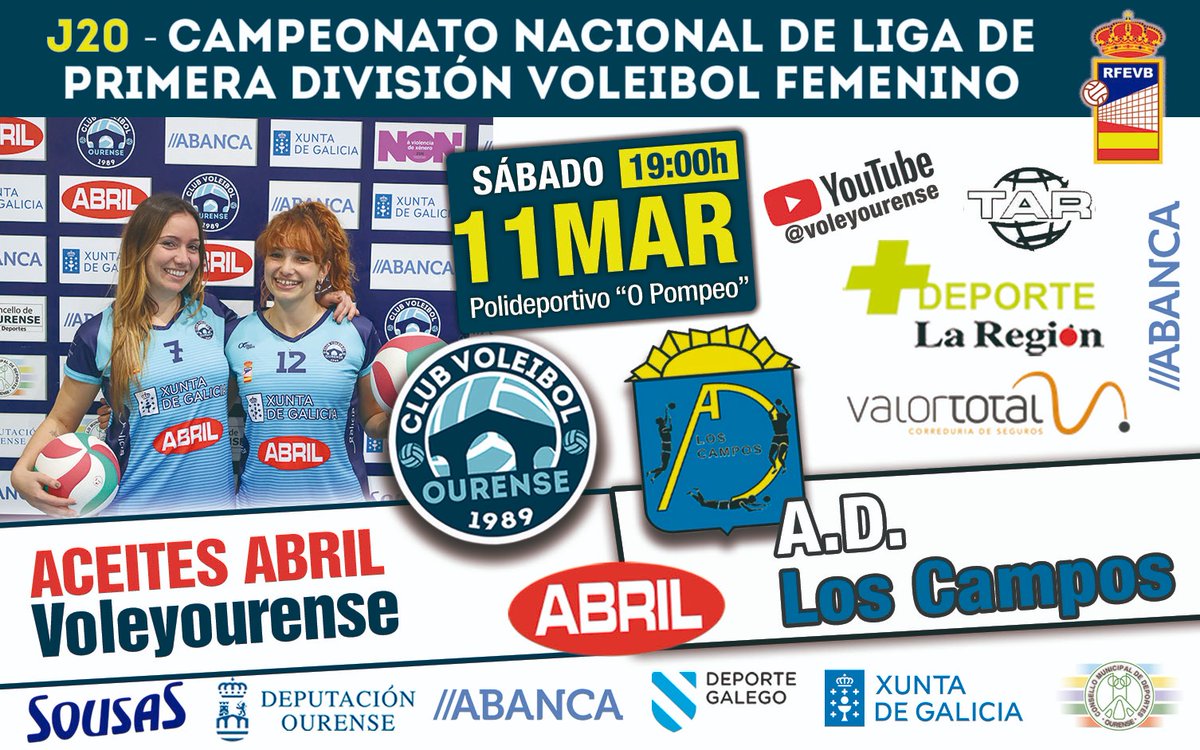 📣🏐 ÚLTIMO PARTIDO DE LOCAL DA TEMPADA
O Aceites Abril recibe ó <a href="/ADLosCampos/">A.D Los Campos</a> 
📍O Pompeo
🗓️ 11/03 
🕗 19h