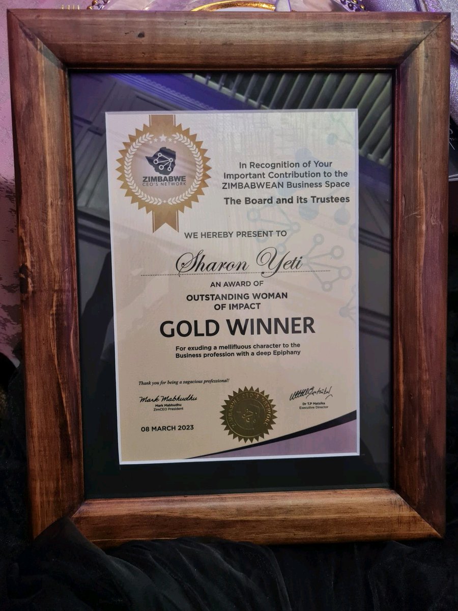 Powerlivezw's tweet photo. Congratulations to our CEO, Sharon Yeti, who received the Gold Winner Outstanding Woman of Impact  last night at the Women Leadership &amp; Appreciation Awards hosted by the Zimbabwe CEOs Network.

#WomanofImpact
#CreatingAPlanetRunByTheSun https://t.co/Fnab2nm6qx