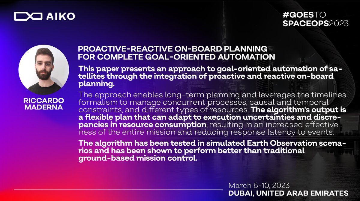 Last days of #SpaceOps2023!📣

Riccardo Maderna, our Head of Automation, will present his paper “Proactive-reactive on-board planning for complete goal-oriented automation” find the abstract below for a preview!👇

We'll see you Friday 10th, March, in room Ajman D at 10:30 AM!📆