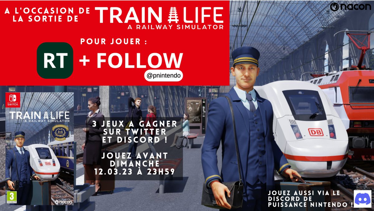 pnintendo's tweet photo. Gagnez un jeu #TrainLife sur #NintendoSwitch avec @NaconFR et @pnintendo ! A l'occasion de la sortie du jeu, tentez votre chance avec un follow + RT, et augmentez vos chances en jouant aussi sur le Discord PN ! Fin du concours sur Twitter ce dimanche 12/03/23 à 23h59. #Concours https://t.co/0JIP74Dsto