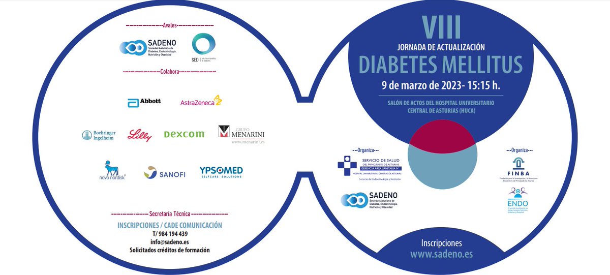 📢Hoy a las 15.15 horas dará comienzo la VIII Jornada de actualización en Diabetes Mellitus, organizada por el <a href="/HUCA_Asturias/">@HUCA</a>, la Sociedad Asturiana de Diabetes, Endocrinología, Nutrición y Obesidad (<a href="/SADENO_/">SADENO</a>), FINBA y el grupo <a href="/endo_ispa/">ENDO_ISPA</a>.