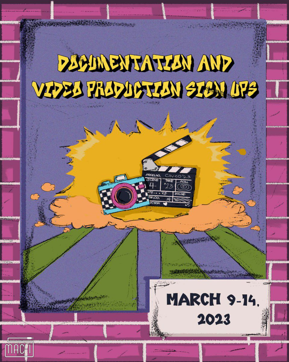 MACI2223's tweet photo. Mabilis ang takbo ng buhay, maglaan tayo ng oras para pahalagahan ang kasalukuyan 📸

Nagbubukas ang sign-ups para sa Documentation at Video Production committee ng CINCO 2023 ! 🎥

https://t.co/Lbx96oBGvl

#CINCO2023
#MACInig

🎨: Dannie Ycasiano
✒: El Panganiban https://t.co/CqnO4BVhuV
