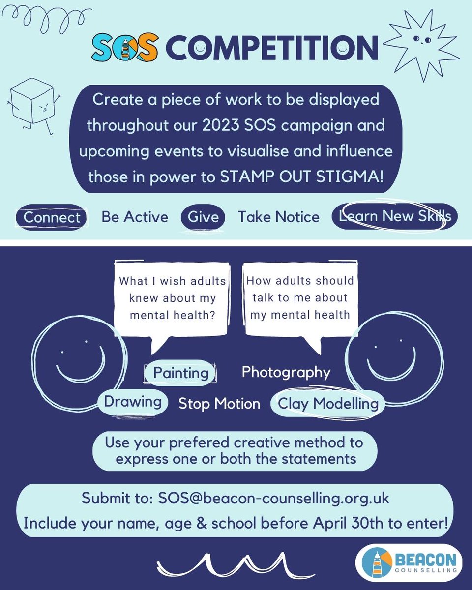 Introducing our 2023 SOS competition for all Children and Young People residing in Stockport! From photography, painting to sculpture modeling, all creative responses are welcome. 🎨

🌐 Email sos@beacon-counselling.org.uk, with your name, age &amp; school, before April 30th!