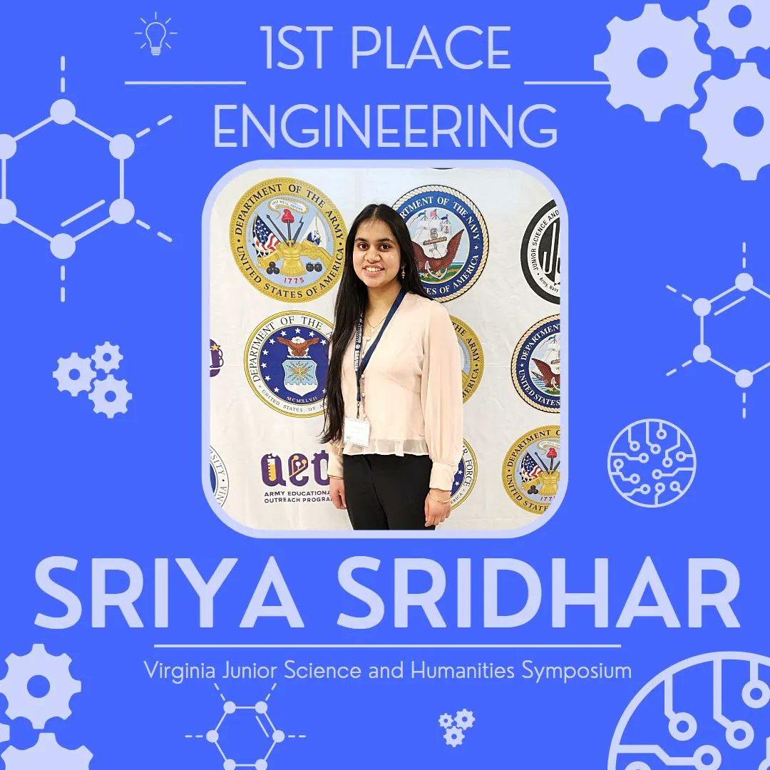 BHSchemTchr's tweet photo. Today, we celebrate our @bburghsbruins Researchers!  On February 25th Sriya placed 1st in Engineering at the Virginia Junior Science and Humanities Symposium hosted at Longwood University!
#thisismcps https://t.co/DEMSYUABl4