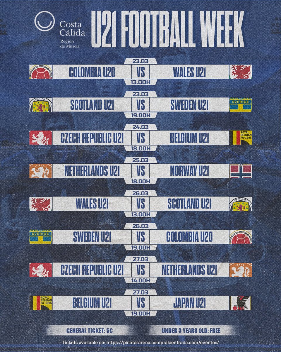 Pinatar Arena (@pinatararena) on Twitter photo 🎙️Pinatar Arena anuncia la Costa Cálida U21 Football Week.
🌍 Nueve selecciones de hasta tres continentes se darán cita en San Pedro del Pinatar del 20 al 28 de marzo.
⚽️ Todos los partidos se disputarán en el campo principal de Pinatar Arena con entrada a 5€.
<a href="/itremurcia/">Instituto de Turismo de la Región de Murcia</a> 🎙️Pinatar Arena anuncia la Costa Cálida U21 Football Week.
🌍 Nueve selecciones de hasta tres continentes se darán cita en San Pedro del Pinatar del 20 al 28 de marzo.
⚽️ Todos los partidos se disputarán en el campo principal de Pinatar Arena con entrada a 5€.
<a href="/itremurcia/">Instituto de Turismo de la Región de Murcia</a>