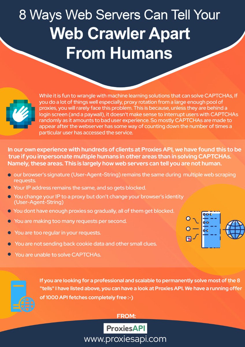 MG_of_the_north's tweet image. In our own experience with hundreds of clients at Proxies API, we have found this to be true if you impersonate multiple humans in other areas than in solving CAPTCHAs.
#webcrawler #webserver #proxiesapi #webcrawling