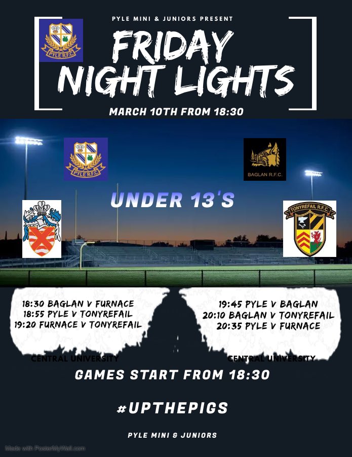 Pyle RFC Junior Section (@pylepiglets) on Twitter photo We have another Friday night special this week with our Under 13โs welcoming Baglan, Furnace and Tonyrefail in a round robin. Come along and show your support ๐ท๐๐ตโช๏ธ <a href="/CommunityOsprey/">Ospreys in the Community</a> <a href="/baglan_rfc/">Baglan RFC ๐</a> <a href="/mini_rfc/">Tonyrefail Mini & Junior RFC</a> <a href="/FurnaceUnited/">Furnace United RFC</a> We have another Friday night special this week with our Under 13โs welcoming Baglan, Furnace and Tonyrefail in a round robin. Come along and show your support ๐ท๐๐ตโช๏ธ <a href="/CommunityOsprey/">Ospreys in the Community</a> <a href="/baglan_rfc/">Baglan RFC ๐</a> <a href="/mini_rfc/">Tonyrefail Mini & Junior RFC</a> <a href="/FurnaceUnited/">Furnace United RFC</a>