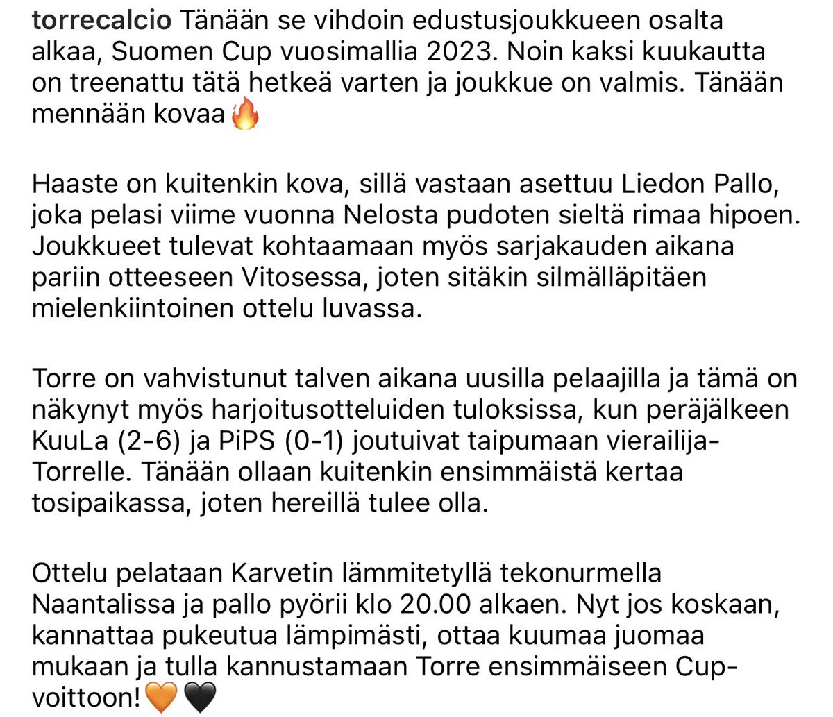 TorreCalcio's tweet photo. PELIPÄIVÄ! 🧡🖤 @SuomenCup #TorreCalcio #tasauskierros https://t.co/5ngNJbl7PF