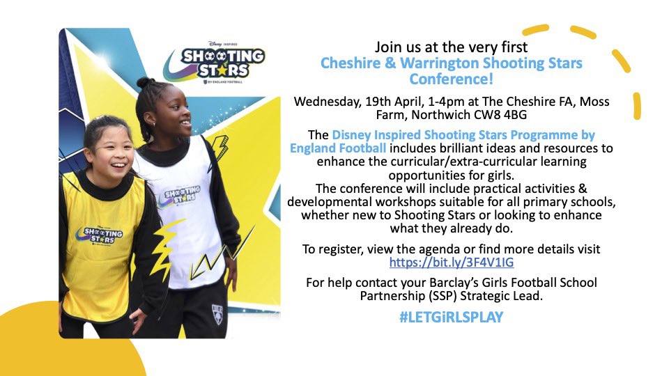 Come and join us for our first Cheshire and Warrington shooting stars conference #LetGirlsPlay
