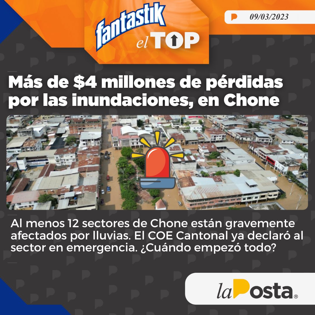 LaPosta_Ecu's tweet photo. Las lluvias en el país causan fuertes estragos en la costa ecuatoriana. Pero en Chone ya se superan los $4 millones en pérdidas. Desliza y lee toda la info. 🌧️ https://t.co/d28im8OCDH