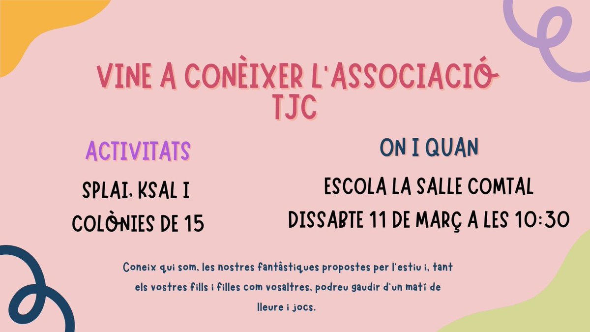 c15destiu's tweet photo. Vine a conèixer-nos!
Aquest dissabte 11 de març, a les 10:30h, a @LaSalleComtal 
Us presentarem totes les nostres activitats de TJC: Splai, Ksal i C15 i tindrem un matí ple de jocs i activitats!

No us ho perdeu! https://t.co/a7CF0VXFaT