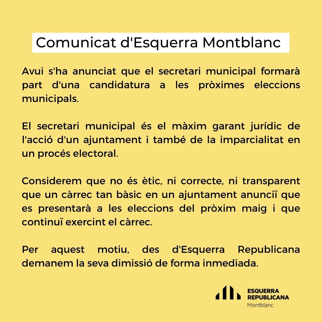 ERC_Montblanc's tweet photo. COMUNICAT D'ESQUERRA MONTBLANC https://t.co/NWDjM02eH5