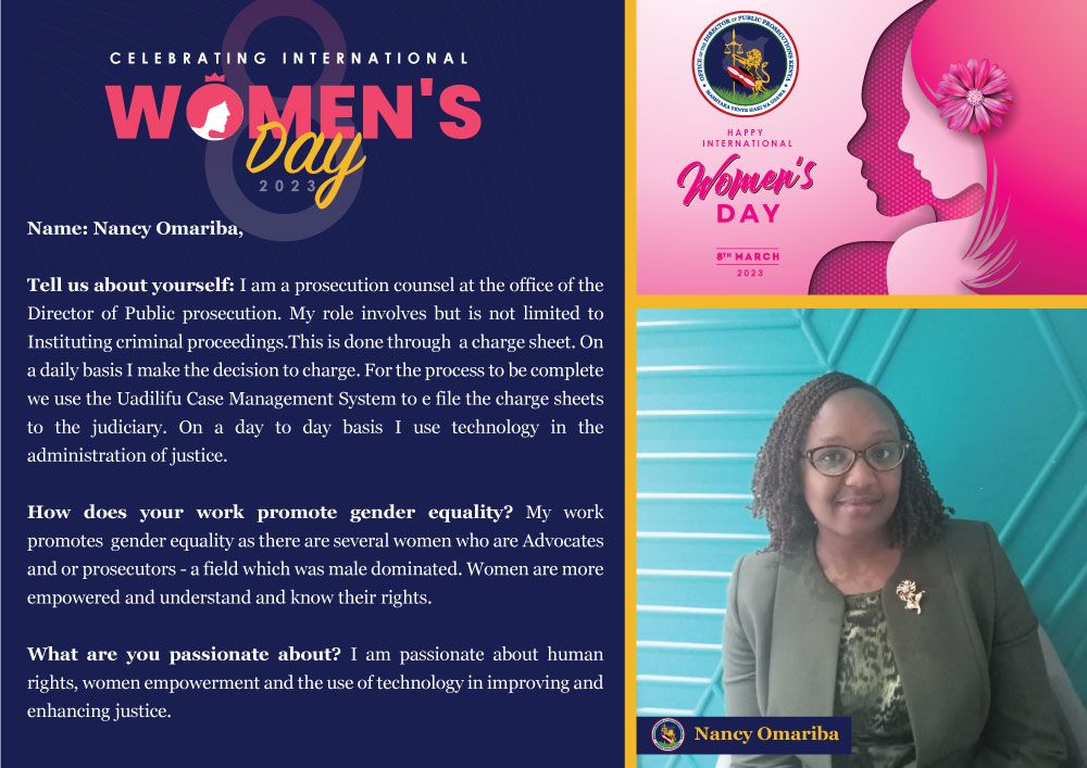 ODPPKE_cafe's tweet photo. #IWD2023 
#InternationalWomensDay 
Meet Nancy Omariba, a prosecution counsel who uses technology to execute her duties. 
#HakiNaUsawa
#DigitALL https://t.co/wYEPU3qaWY