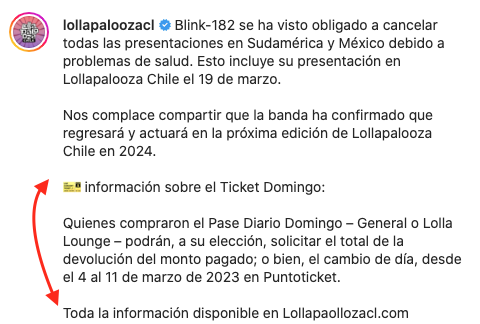 Rodrigo_herre's tweet photo. AYUDA POR FAVOR.
Es legal que no me quieran devolver el dinero del #lollapaloozachile  ???????
La ticketera me dice que no se puede pq son cosas que pueden pasar (que se baje una banda y que está en los términos y condiciones)
Pero el evento publica lo siguiente (adjunto imagen) https://t.co/HPMPIA8nlO