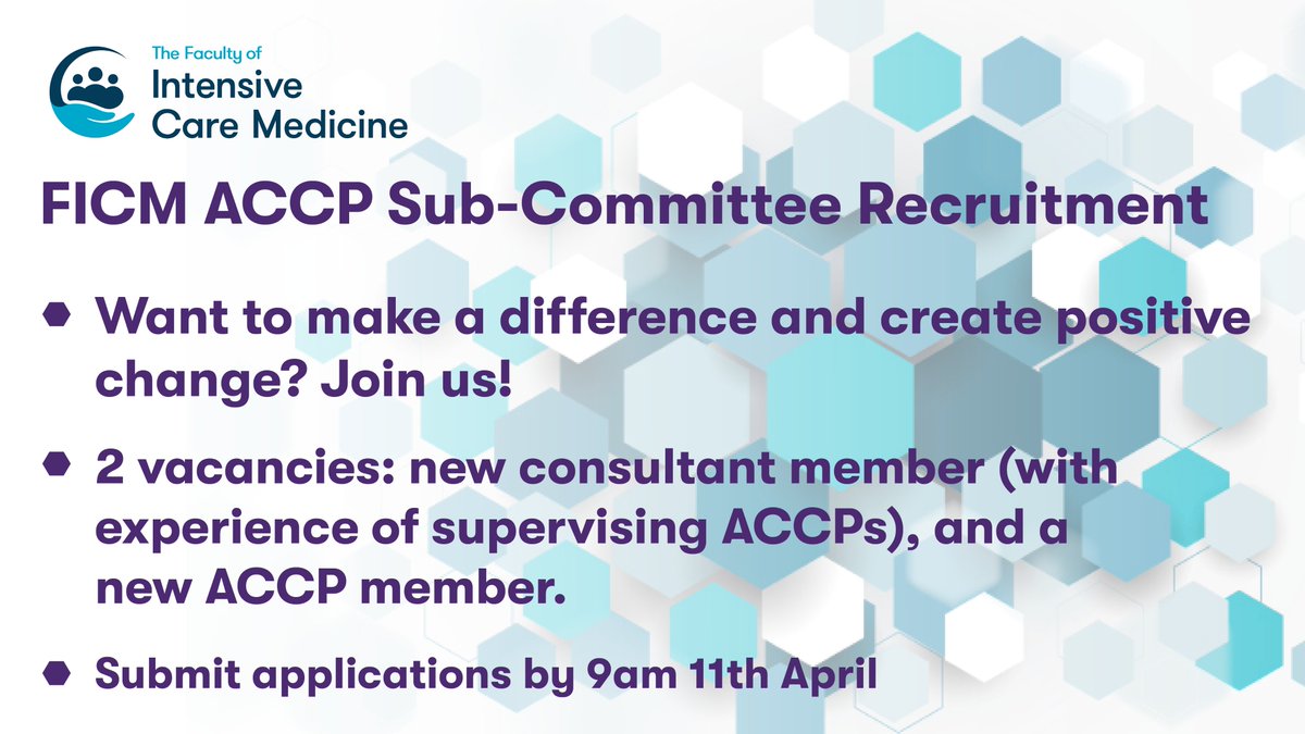 Join us! FICM ACCP Sub-Committee Recruitment!

The FICM ACCP Sub-Committee (FICMASC) are  recruiting to two roles: 1 ACCP and 1 consultant:

bit.ly/3mCSOxZ