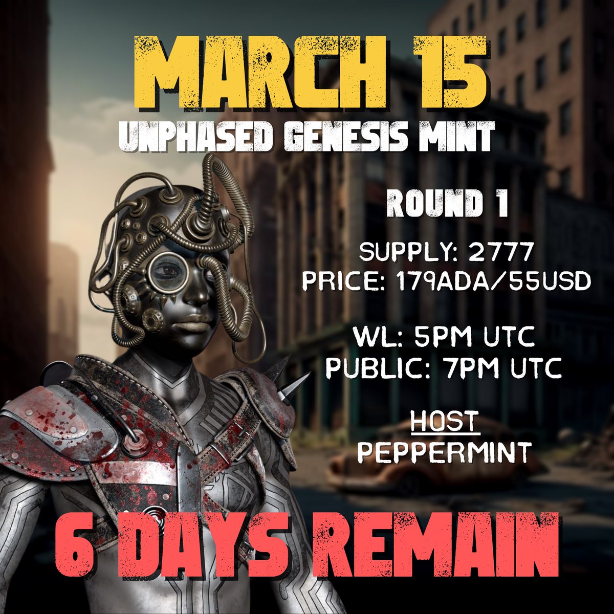 🌵MINT DETAILS 

the UNPHASED genesis mint is going to be split into two events; the total supply is 5555. 

MINT ROUND 1: March 15 🚨
Supply: 2777 
Price: 179ADA / 55USD 

Host: @Peppermint_nfts 

Mint round 2: TBA

♥️ &amp; RT to mint a CHOSEN 👑

#CNFT #CNFTCommunnity