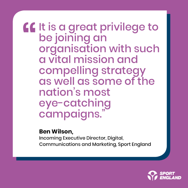 Sport_England's tweet photo. 📋 News 📋

We're thrilled to announce the appointment of Ben Wilson to the role of Executive Director, Digital, Communications and Marketing.

He brings extensive experience, having held senior roles across a range of high-profile organisations and will start his role in May.