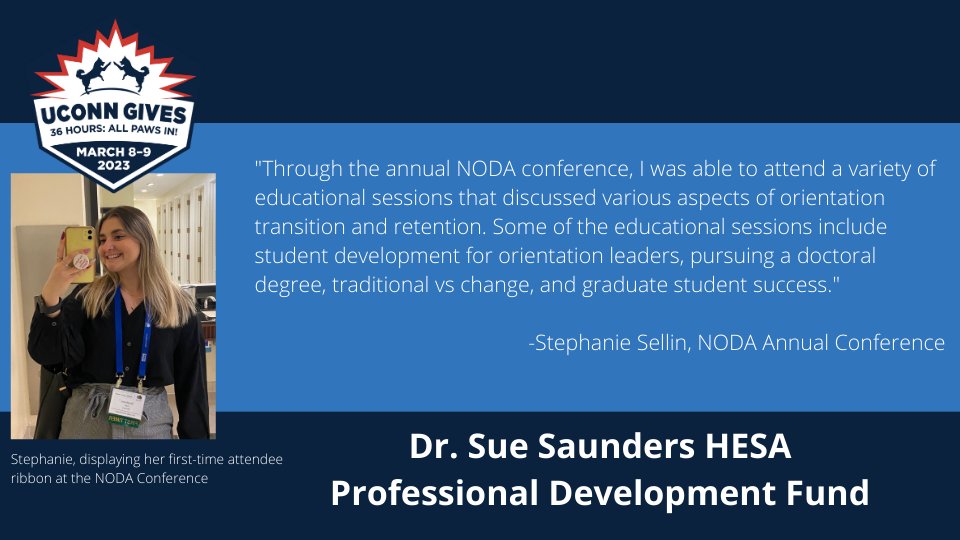 UConnHESA's tweet image. givingday.uconn.edu/o/university-o… We want to be able to fund as many of our students as possible to participate in  important experiences like the NODA conference—your gifts make that happen! Have you given to the Saunders Fund yet during UConn Gives? Give until 7pm EST! #uconngives