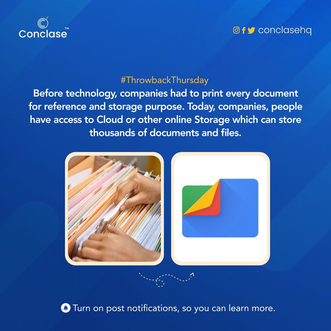 conclasehq's tweet image. Technology has created a couple of online storage which has reduced the purchase of paper in some companies.

Does your company still print document or not? Let us know in the comment section.

#conclasehq #techfacts #throwbacktechnology #cloudcomputing #cloudstorage #paper