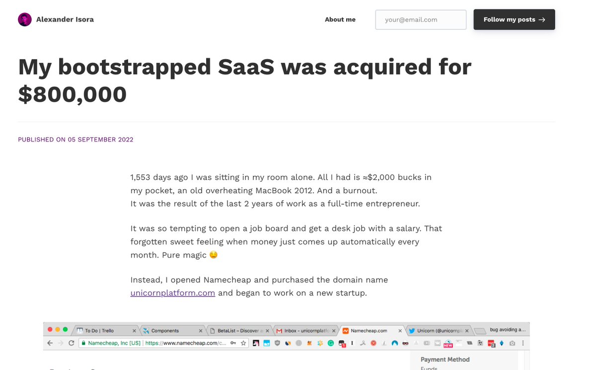 🤔Can your #nocode bootstrapped tool become an acquisition story?

Absolutely yes! 👏 

An inspiring story of <a href="/alexanderisora/">alexander isora</a> on how he sold his <a href="/unicornplatform/">Unicorn Platform 🦄</a> (beautiful website builder)

Lessons learned: build great products + be open to opportunities: isora.me/i-sold-saas-fo…