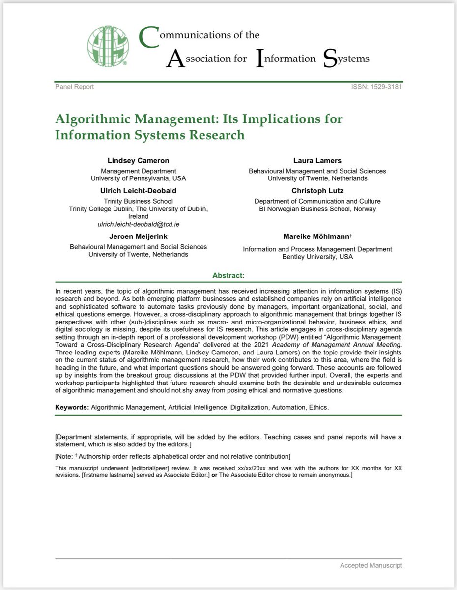 A new article about #algorithmic #management engages in cross-disciplinary agenda setting through an in-depth #report of the <a href="/AOMConnect/">Academy of Management</a> workshop “Algorithmic Management: Toward a Cross-Disciplinary Research Agenda”.

Find the publication here: aisel.aisnet.org/cais/vol52/iss…
