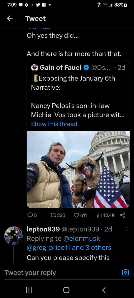 QuinnTelsa's tweet photo. We got questions @SpeakerPelosi why didn't your son-in-law warn you about Danger that could be in the capital soon? What was he doing with horn dude besides the interview? https://t.co/dQhE1sERGj