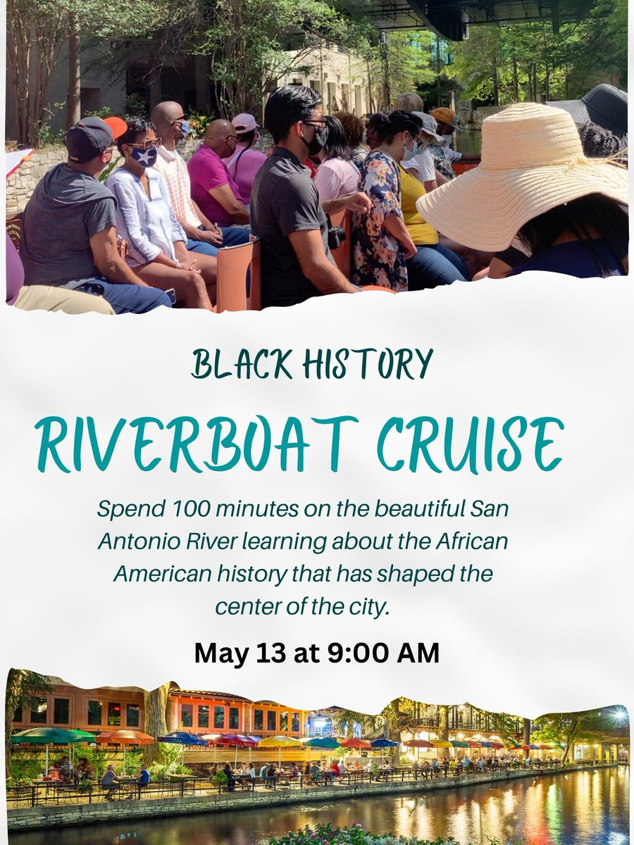 Take a riverboat cruise through downtown San Antonio for a African American, journey through the history of downtown. #AfricanAmericanHistory. #SAAACAM #RiverCruise #DowntownSanAntonio #floating