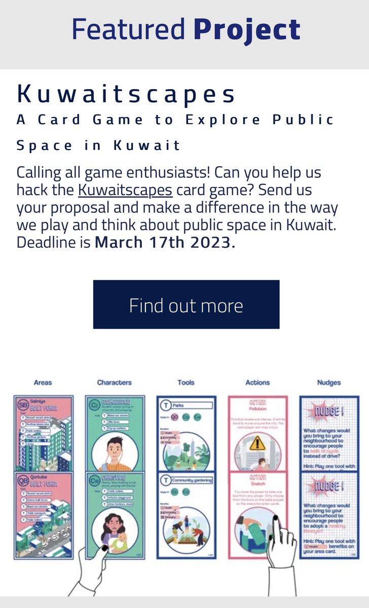 Calling all game enthusiasts! Can you help us hack the Kuwaitscapes card game? Send us your proposal & make a difference in the way we play & think about public space in Kuwait. 
Deadline is March 17th 2023 @LSEMiddleEast @xpgomes3 @AlshalfanS @TanushreeA
ddrl-kw.com