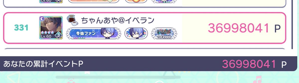 ginay25's tweet photo. 初めてガチイベラン結果331位でした🥲
初めての花称号取れた🥲
めちゃくちゃ辛かったけどめちゃくちゃ嬉しい🥲
スペに付き合ってくれたり応援してくれたフォロワーのみんな本当にありがとう🥲
改めてイベ乙でした！！！！！！🥲 https://t.co/s30VEUZVPD