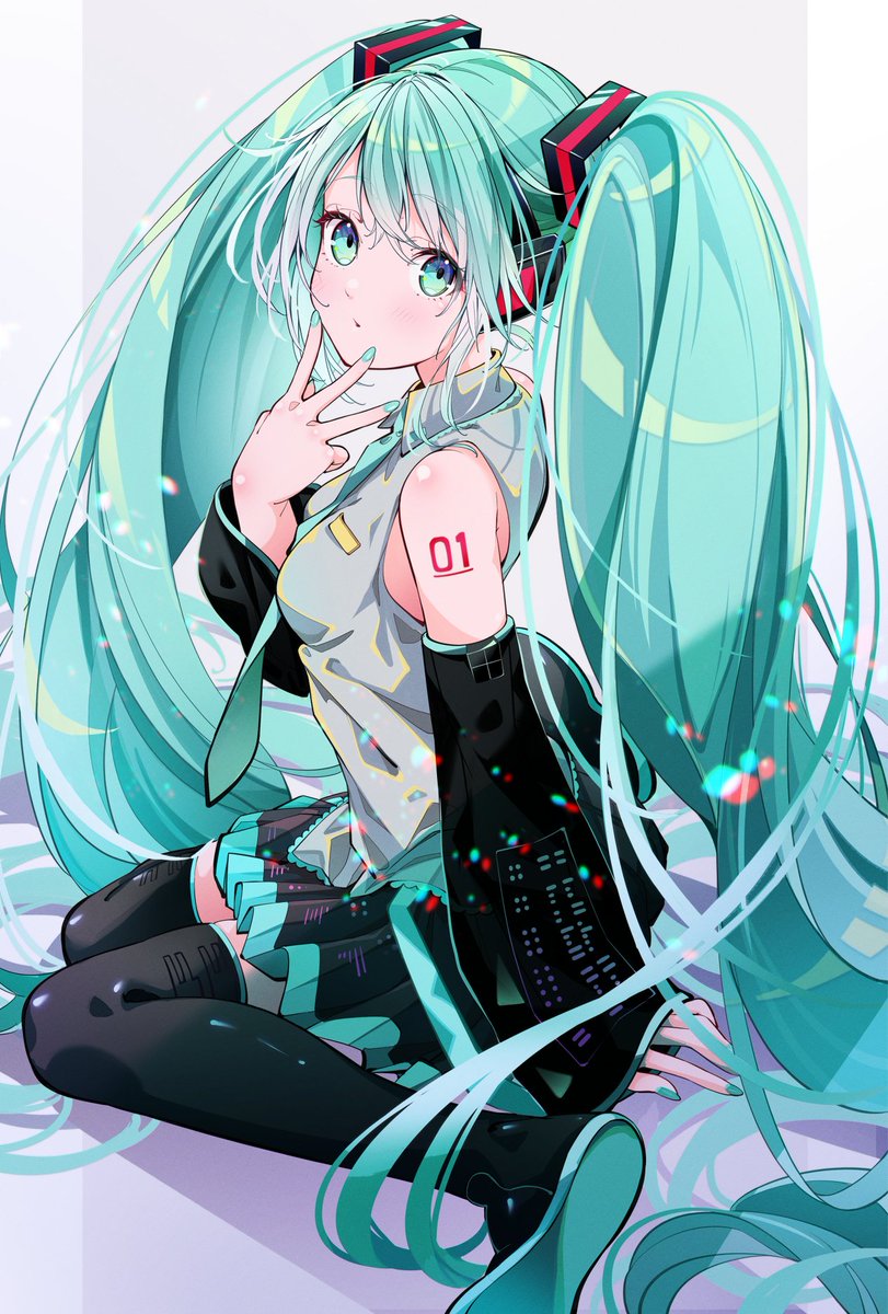 hatsune miku 1girl solo twintails long hair skirt detached sleeves necktie  illustration images