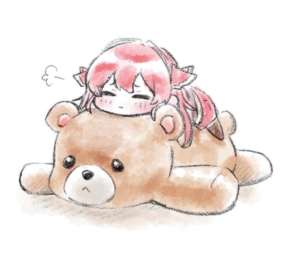 houshou marine 1girl stuffed animal stuffed toy teddy bear red hair solo closed eyes  illustration images