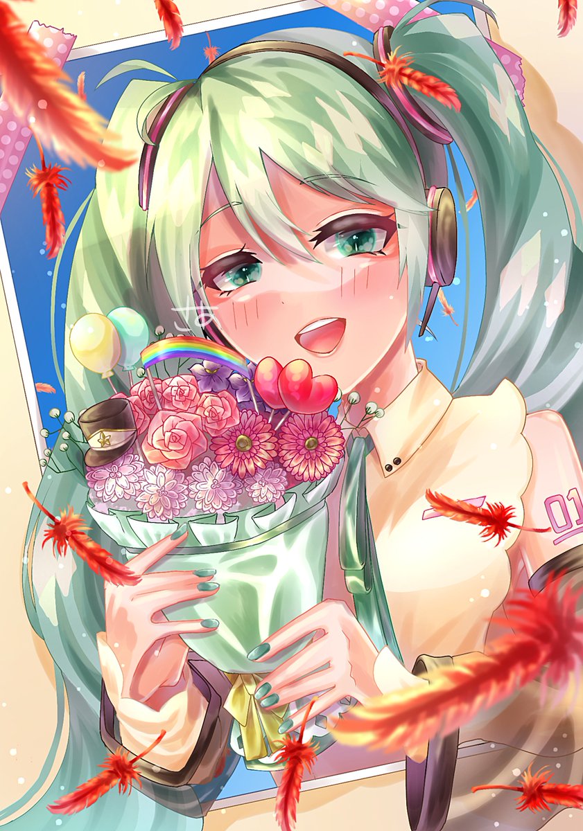 hatsune miku 1girl twintails flower solo bouquet shirt holding  illustration images