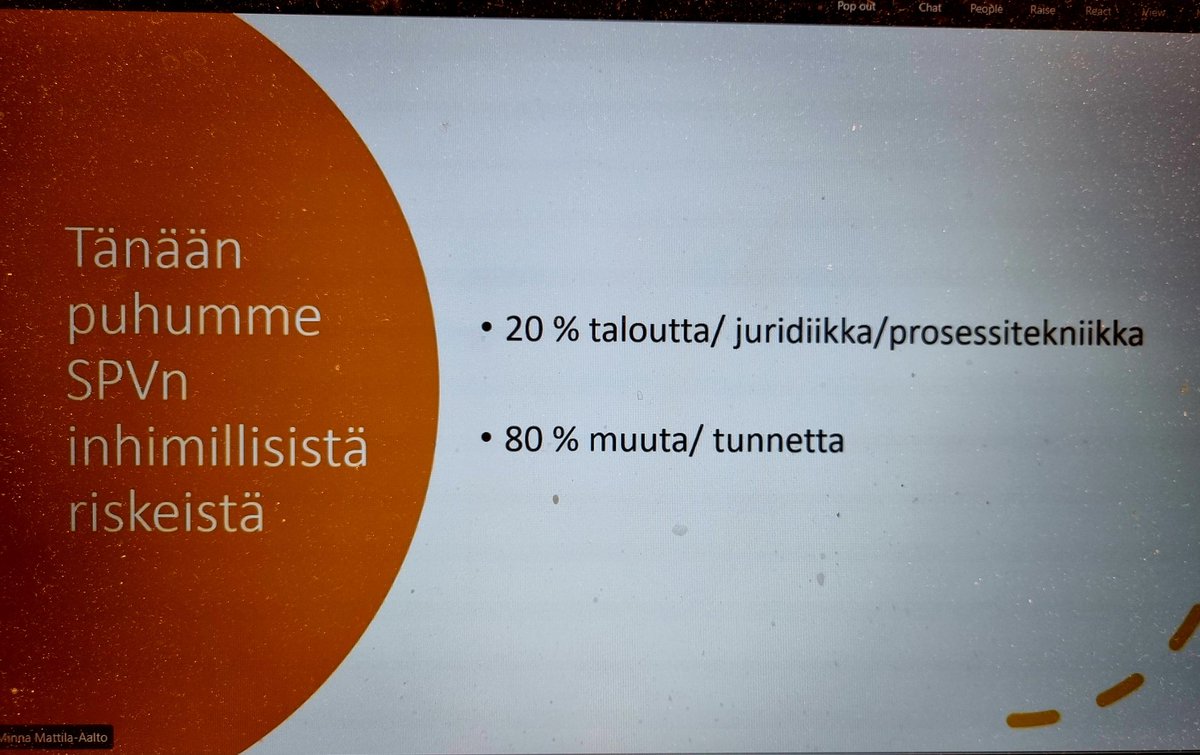 Tänään kävimme ProSPV-työpajassa mielenkiintoisia keskusteluista #sukupolvenvaihdos #omistajanvaihdos'teemoista. Inhimilliset riskit jäävät usein näissä prosesseissa pinnan alle. Vain 20% spv:stä on taloutta/juridiikkaa, jopa 80% on muuta (=inhimillisiä riskejä) @Melaviestinta