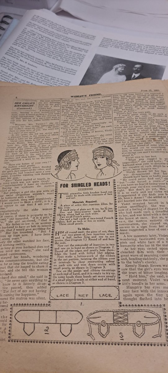 PrincessHamira's tweet photo. A June 1925 pattern to use up remnants for 'an attractive little boudoir band'. Boudoir caps were little indispensable frillies to keep the hair in place and keep things dainty (later replaced by hairnets). Like bedjackets they have disappeared from our wardrobes (Woman's Friend) https://t.co/6aaRj6iMZB