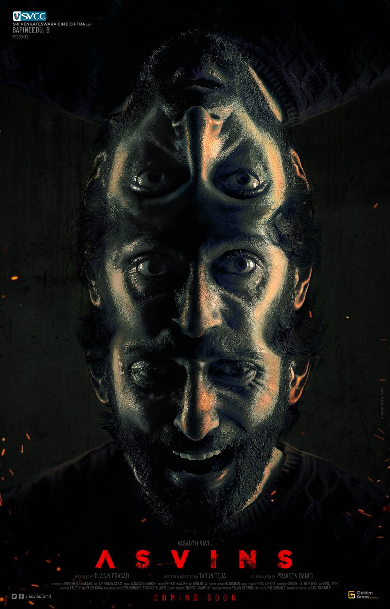 SVCCofficial's tweet photo. Here’s Curiosity &amp; Fear Inducing First Look of Telugu &amp; Tamil bilingual film #ASVINS 

🌟 @iamvasanthravi &amp; 
Directed by @taruntejafilm 🎬

Produced by @SVCCofficial

@BvsnP @praveen2000 @taruntejafilm @Vimraman @GA_StudiosOffl @immuralidaran @vamsikaka https://t.co/g8xvbyhktA