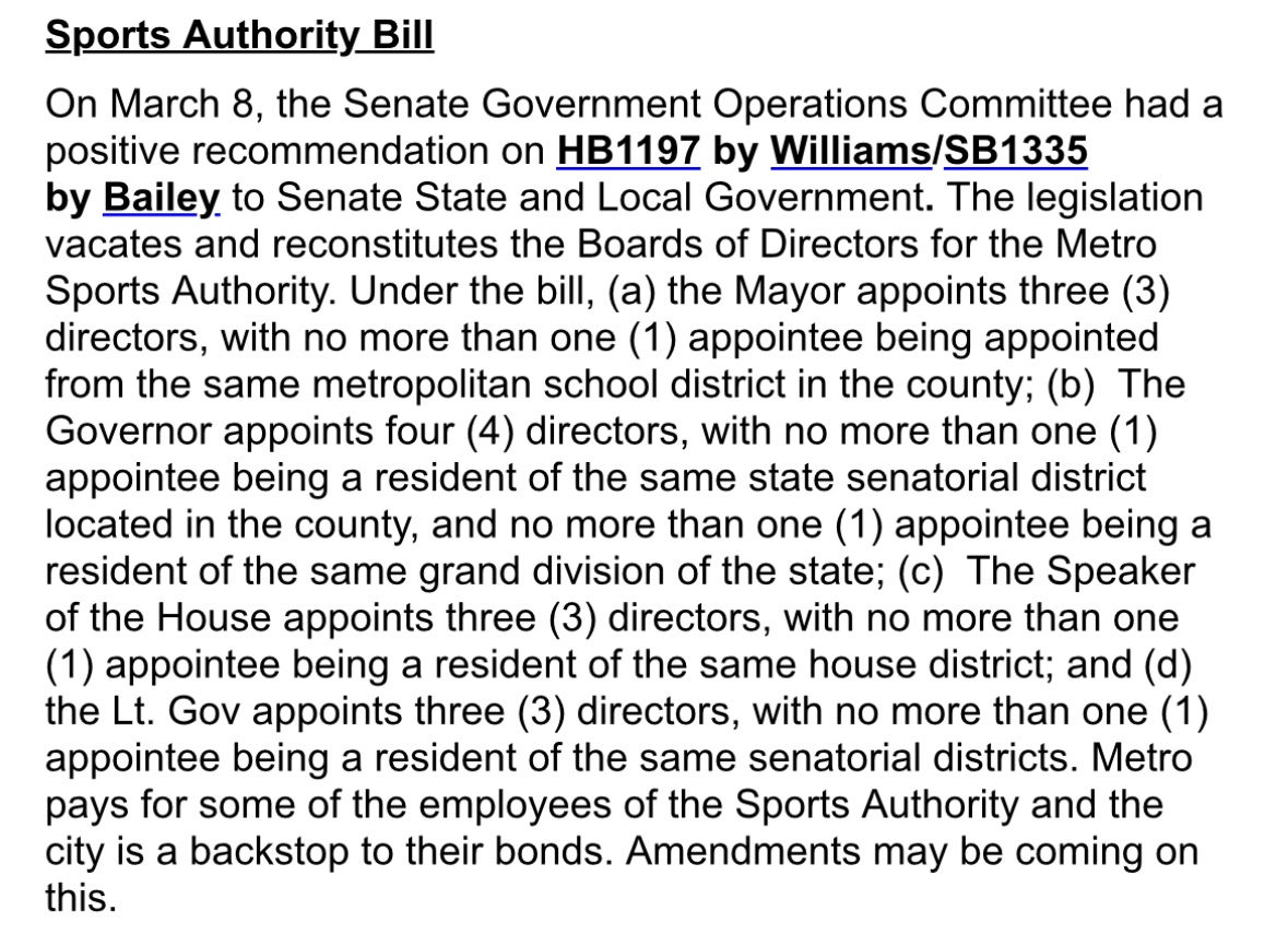 The State bill to takeover the Sports Authority passed a committee vote yesterday.

It’s surreal that the city is considering issuing $760M in Sports Authority bonds backed by the Metro General Fund while under threat of this takeover. 

Here’s the summary CMs got yesterday.