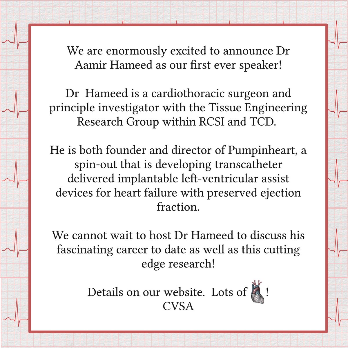 UCD Cardiovascular SA (@ucdcvsa) on Twitter photo We're thrilled to announce that we are kicking off our lecture series with the wonderful <a href="/DrAamirHameed/">Aamir Hameed</a> on the 23rd of March! Full details are below, if this interests you make sure to retweet and RSVP for the talk via our website, link is in our bio 🫀
#surgery #research We're thrilled to announce that we are kicking off our lecture series with the wonderful <a href="/DrAamirHameed/">Aamir Hameed</a> on the 23rd of March! Full details are below, if this interests you make sure to retweet and RSVP for the talk via our website, link is in our bio 🫀
#surgery #research